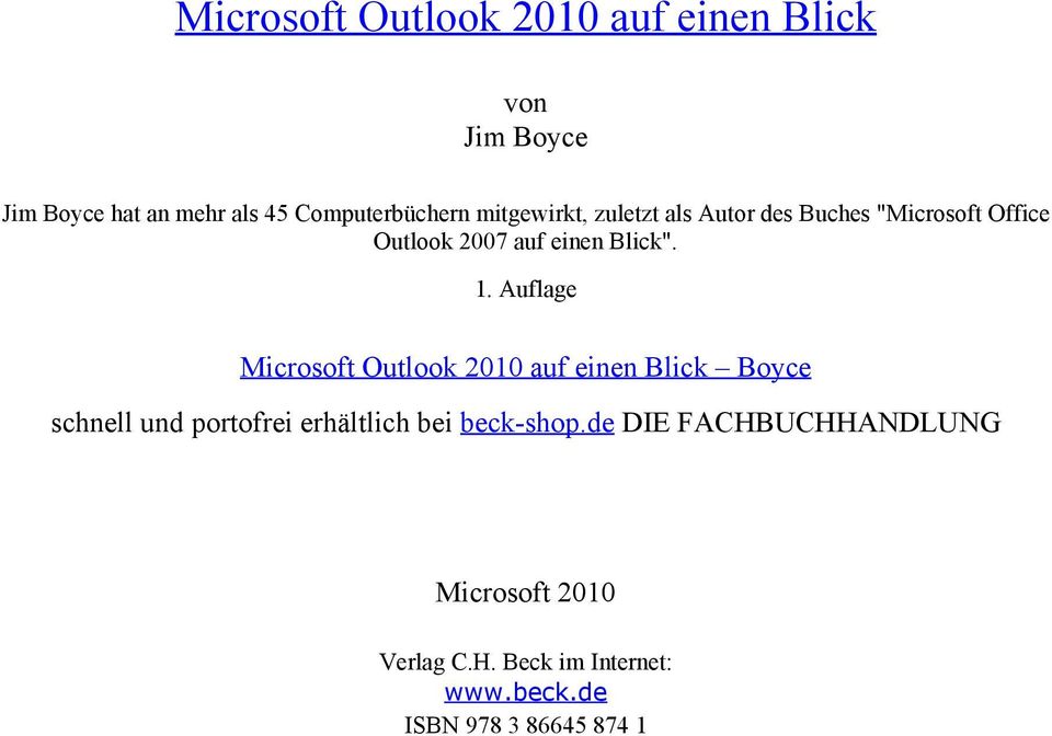 Auflage Microsoft Outlook 2010 auf einen Blick Boyce schnell und portofrei erhältlich bei