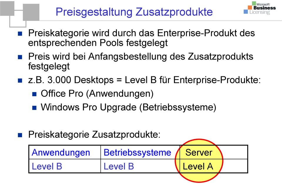 b. 3.000 Desktops = Level B für Enterprise-Produkte: Office Pro (Anwendungen) Windows Pro