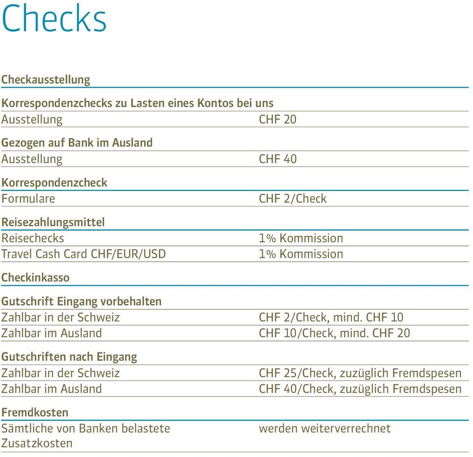 Zahlbar in der Schweiz CHF 2 / Check, mind. CHF 10 Zahlbar im Ausland CHF 10 / Check, mind.