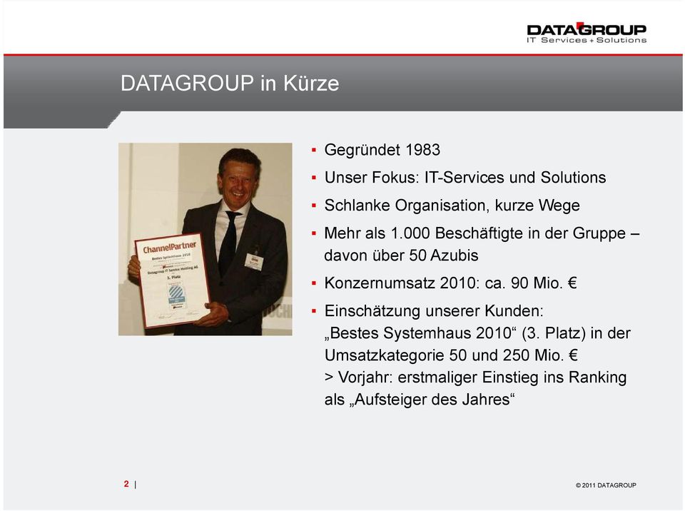 Einschätzung unserer Kunden: Bestes Systemhaus 2010 (3. Platz) in der Umsatzkategorie 50 und 250 Mio.