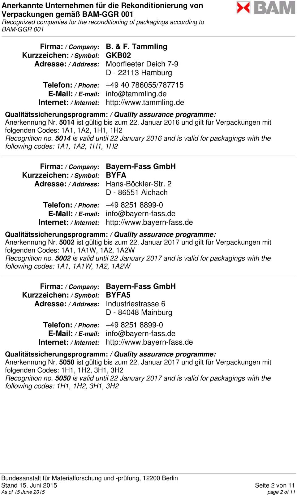 5014 is valid until 22 January 2016 and is valid for packagings with the Firma: / Company: Bayern-Fass GmbH Kurzzeichen: / Symbol: BYFA Adresse: / Address: Hans-Böckler-Str.