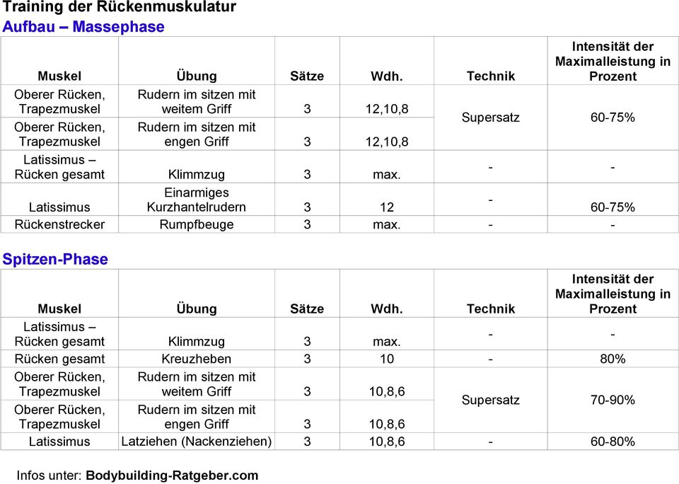 - - Einarmiges - Latissimus Kurzhantelrudern 3 12 60-75% Rückenstrecker Rumpfbeuge 3 max. - - Spitzen-Phase Latissimus Rücken gesamt Klimmzug 3 max.