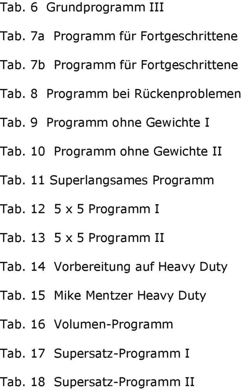 11 Superlangsames Programm Tab. 12 5 x 5 Programm I Tab. 13 5 x 5 Programm II Tab.
