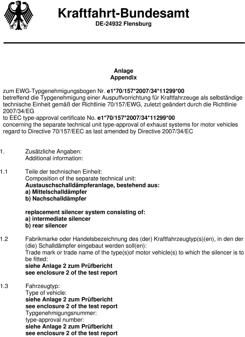 Richtlinie 2007/34/EG to EEC typeapproval certificate No.