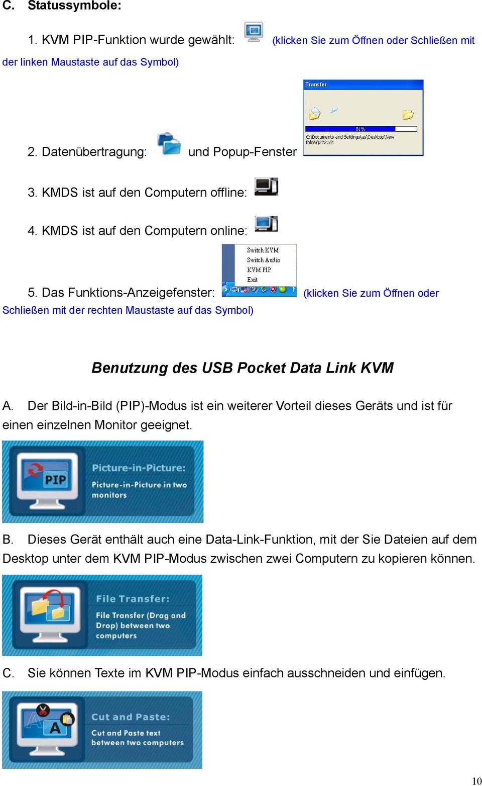 Das Funktions-Anzeigefenster: (klicken Sie zum Öffnen oder Schließen mit der rechten Maustaste auf das Symbol) Benutzung des USB Pocket Data Link KVM A.