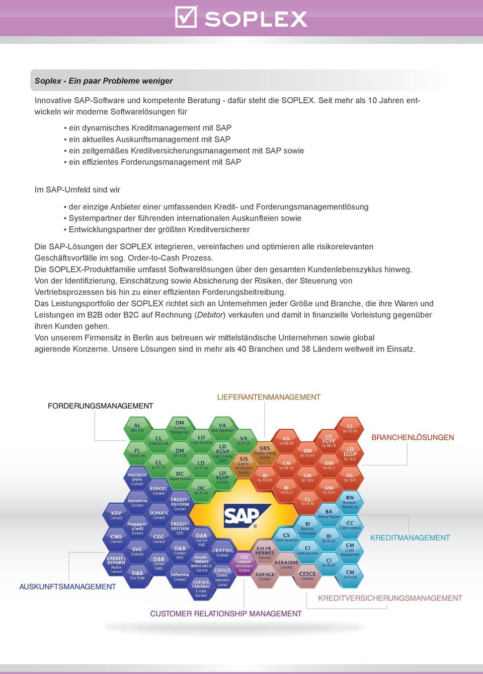 mit SAP sowie ein effi zientes Forderungsmanagement mit SAP Im SAP-Umfeld sind wir der einzige Anbieter einer umfassenden Kredit- und Forderungsmanagementlösung Systempartner der führenden