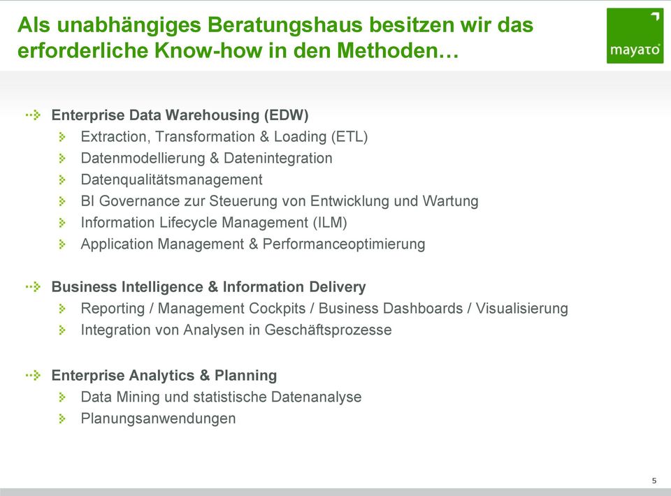 Management (ILM) Application Management & Performanceoptimierung Business Intelligence & Information Delivery Reporting / Management Cockpits / Business