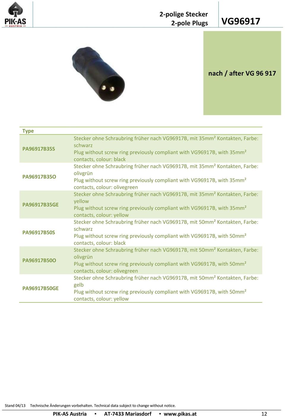olivgrün Plug without screw ring previously compliant with VG96917B, with 35mm² contacts, colour: olivegreen Stecker ohne Schraubring früher nach VG96917B, mit 35mm² Kontakten, Farbe: yellow Plug