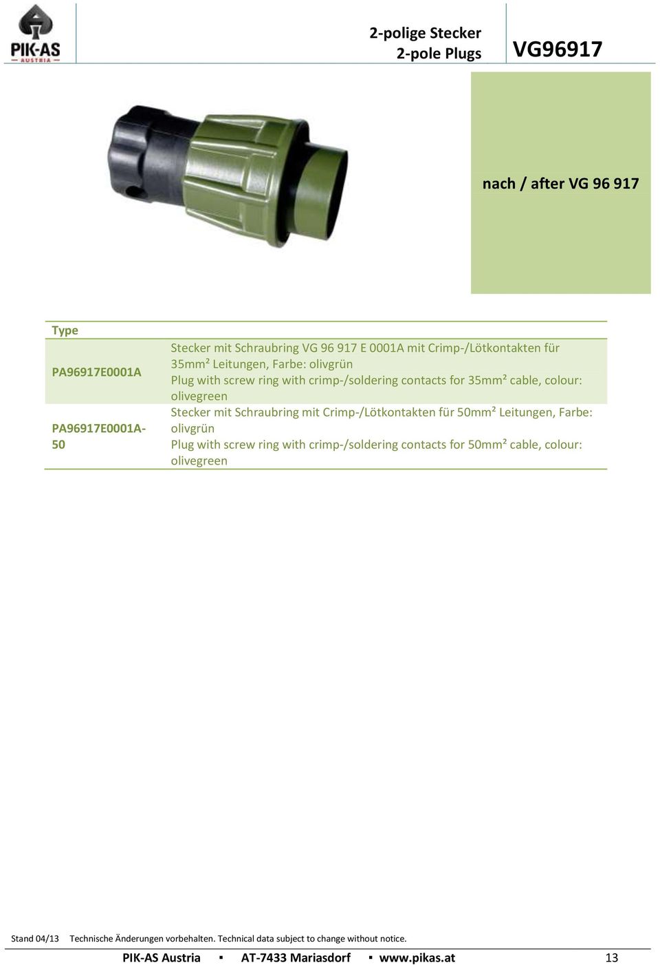 35mm² cable, colour: olivegreen Stecker mit Schraubring mit Crimp-/Lötkontakten für 50mm² Leitungen, Farbe: olivgrün Plug with