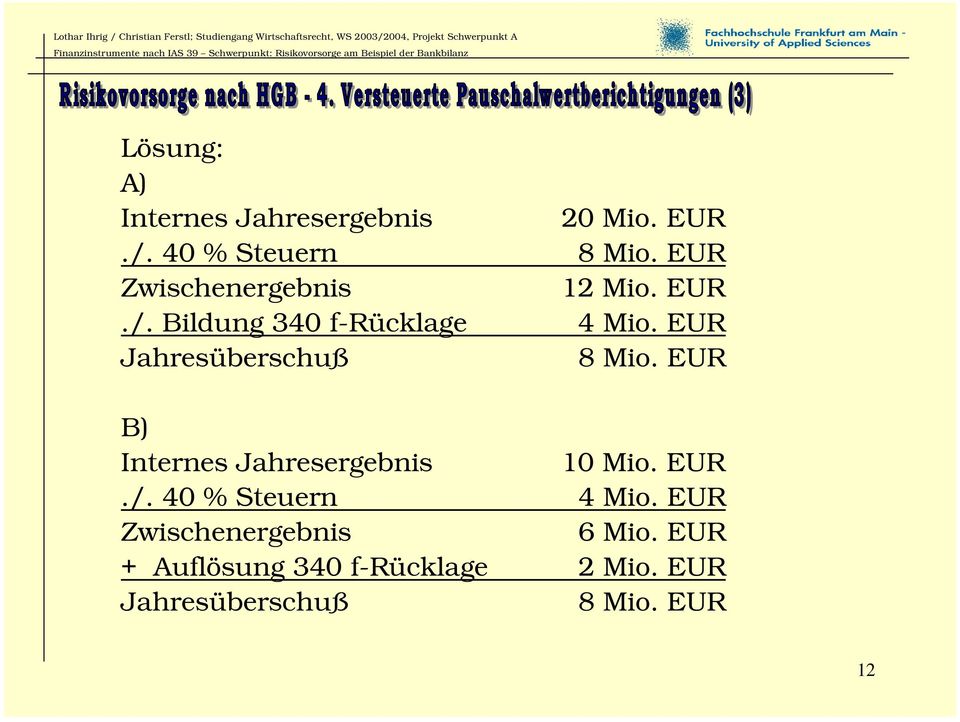 EUR Jahresüberschuß 8 Mio. EUR B) Internes Jahresergebnis 10 Mio. EUR./.