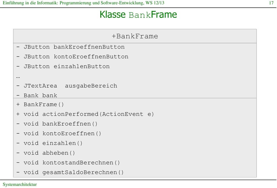 BankFrame() + void actionperformed(actionevent e) - void bankeroeffnen() - void
