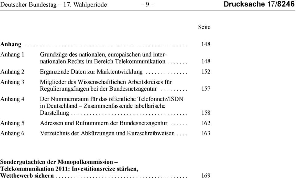 ........ 157 Der Nummernraum für das öffentliche Telefonnetz/ISDN in Deutschland Zusammenfassende tabellarische Darstellung...................................... 158 Anhang 5 Adressen und Rufnummern der Bundesnetzagentur.