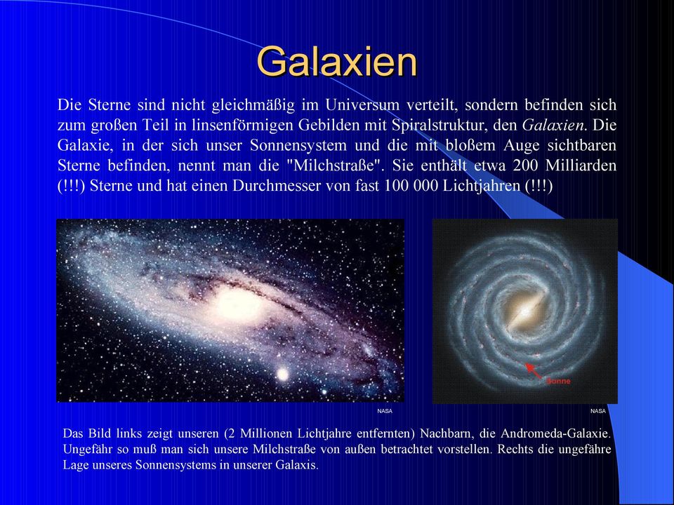 Sie enthält etwa 200 Milliarden (!!!) Sterne und hat einen Durchmesser von fast 100 000 Lichtjahren (!