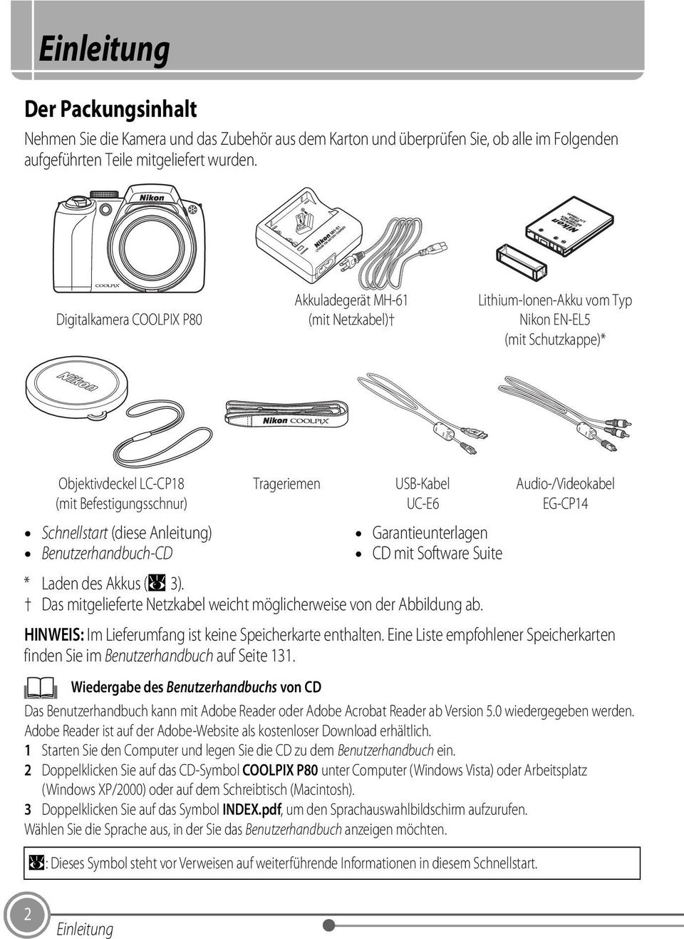 Benutzerhandbuch-CD Trageriemen USB-Kabel UC-E6 Garantieunterlagen CD mit Software Suite Audio-/Videokabel EG-CP14 * Laden des Akkus (A 3).