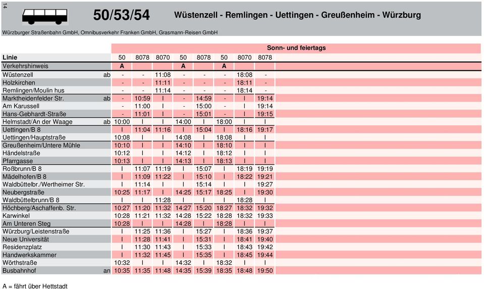 ab - 10:59 I - 14:59 - l 19:14 Am Karussell - 11:00 I - 15:00 - l 19:14 Hans-Gebhardt-Straße - 11:01 I - 15:01 - l 19:15 Helmstadt/An der Waage ab 10:00 I I 14:00 I 18:00 l I Uettingen/B 8 I 11:04