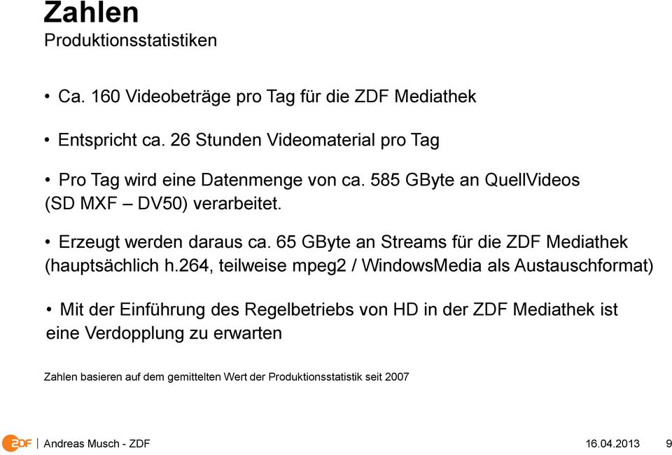 Erzeugt werden daraus ca. 65 GByte an Streams für die ZDF Mediathek (hauptsächlich h.