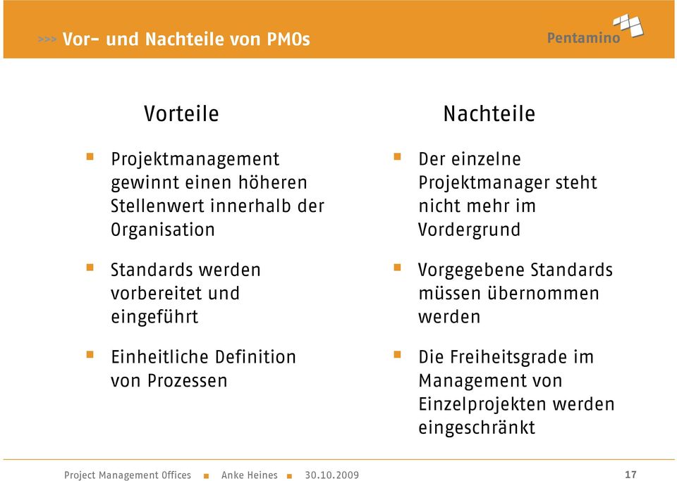 Prozessen Nachteile Der einzelne Projektmanager steht nicht mehr im Vordergrund Vorgegebene