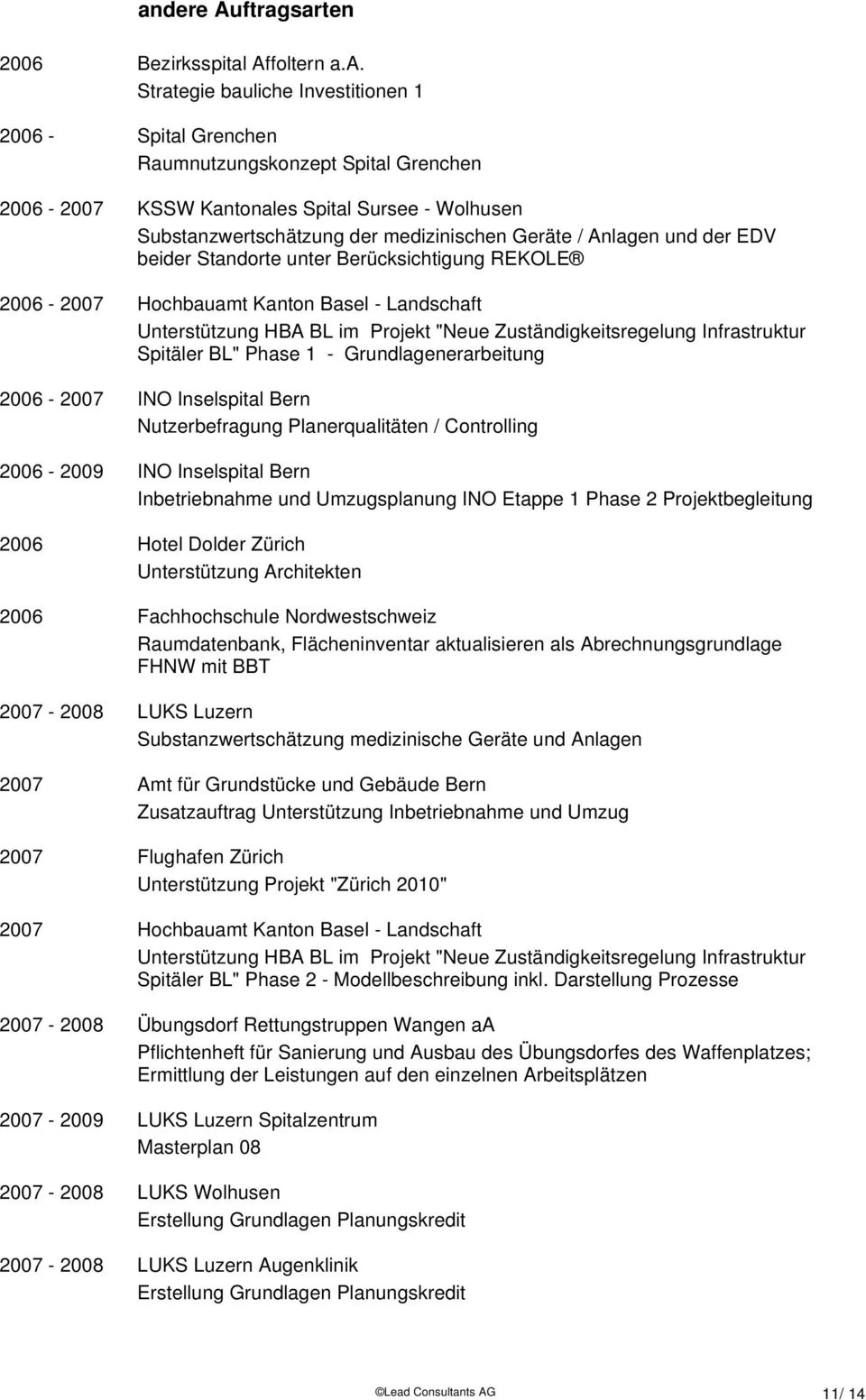 "Neue Zuständigkeitsregelung Infrastruktur Spitäler BL" Phase 1 - Grundlagenerarbeitung 2006-2007 INO Inselspital Bern Nutzerbefragung Planerqualitäten / Controlling 2006-2009 INO Inselspital Bern