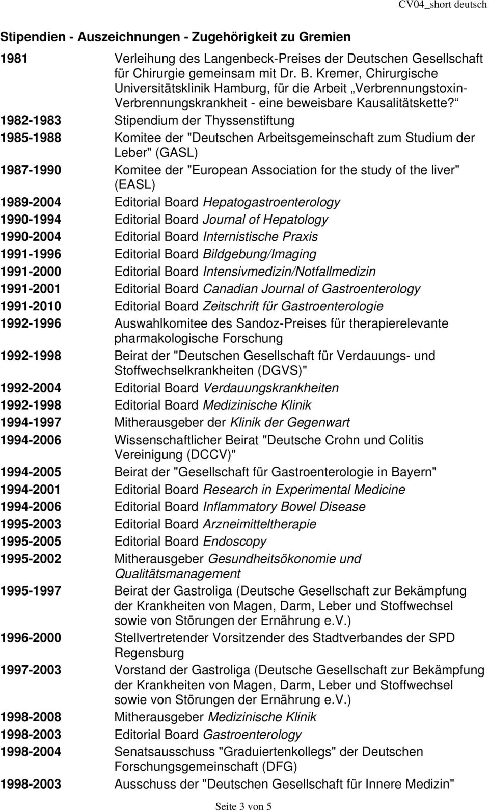 1982-1983 Stipendium der Thyssenstiftung 1985-1988 Komitee der "Deutschen Arbeitsgemeinschaft zum Studium der Leber" (GASL) 1987-1990 Komitee der "European Association for the study of the liver"