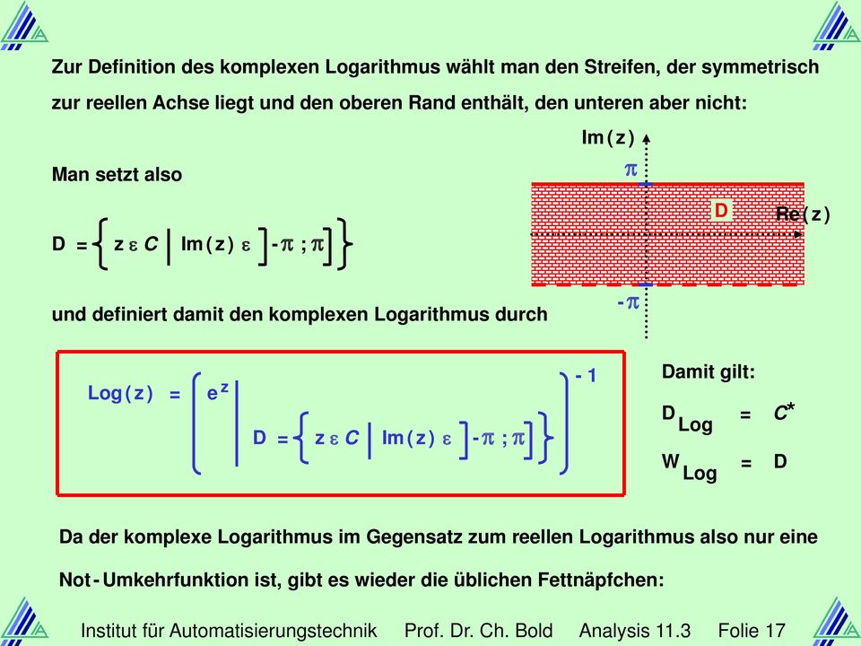 ) = e z D = z ε C Im ( z ) ε - ; - Damit gilt: D Log = C* W Log = D Da der komplexe Logarithmus im Gegensatz zum reellen Logarithmus also nur