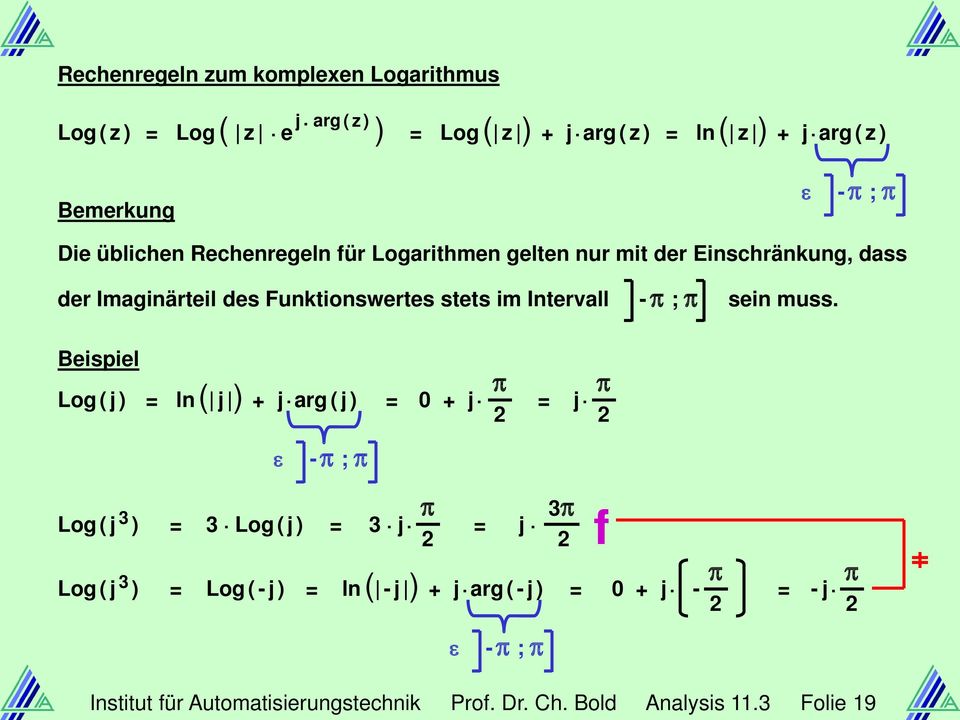 Funktionswertes stets im Intervall - ; sein muss. Beispiel Log ( j ) = ln ( j ) + j. arg ( j ) = 0 + j. = j. ε - ; Log ( j 3 ) = 3.