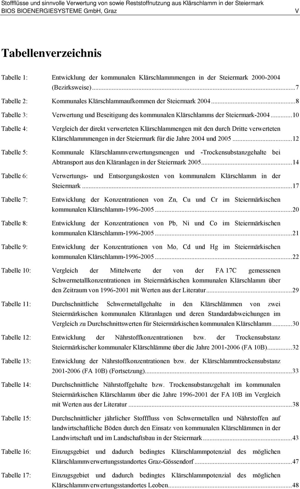 ..8 Tabelle 3: Tabelle 4: Tabelle 5: Tabelle 6: Tabelle 7: Tabelle 8: Tabelle 9: Verwertung und Beseitigung des kommunalen Klärschlamms der Steiermark-2004.