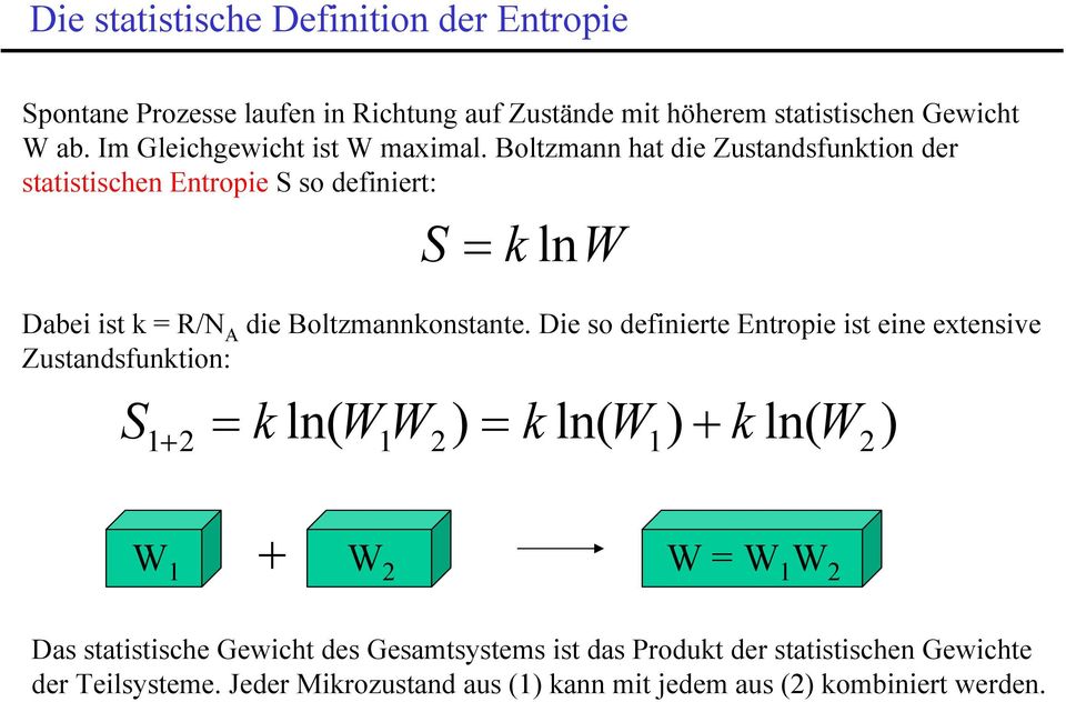 Boltzmann hat die Zustandsfunktion der statistischen Entropie S so definiert: S k ln Dabei ist k R/N A die Boltzmannkonstante.