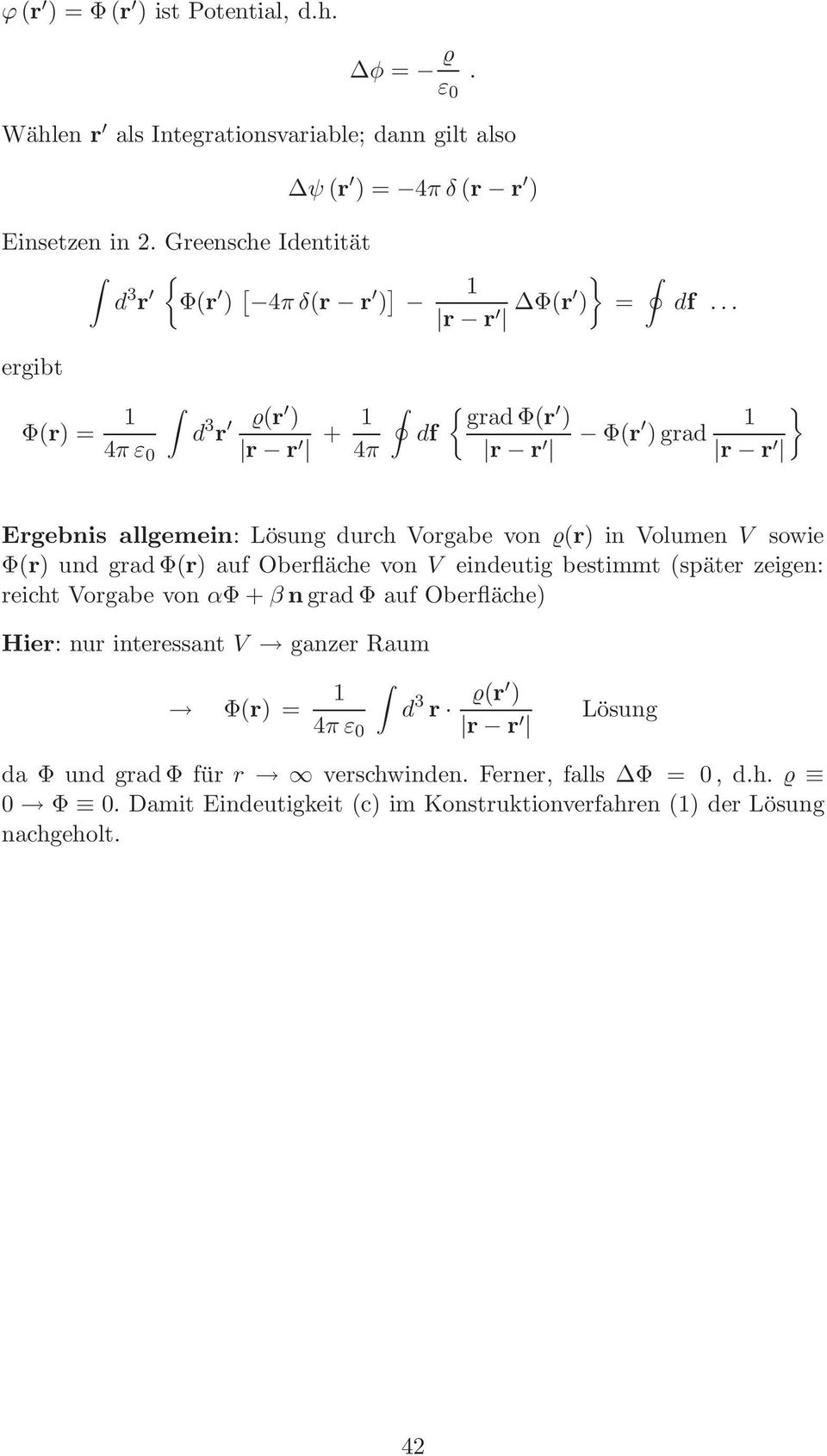 .. ergibt Φ(r) = ε d 3 r (r ) + df { grad Φ(r ) Φ(r )grad } Ergebnis allgemein: Lösung durch Vorgabe von (r) in Volumen V sowie Φ(r) und grad Φ(r) auf