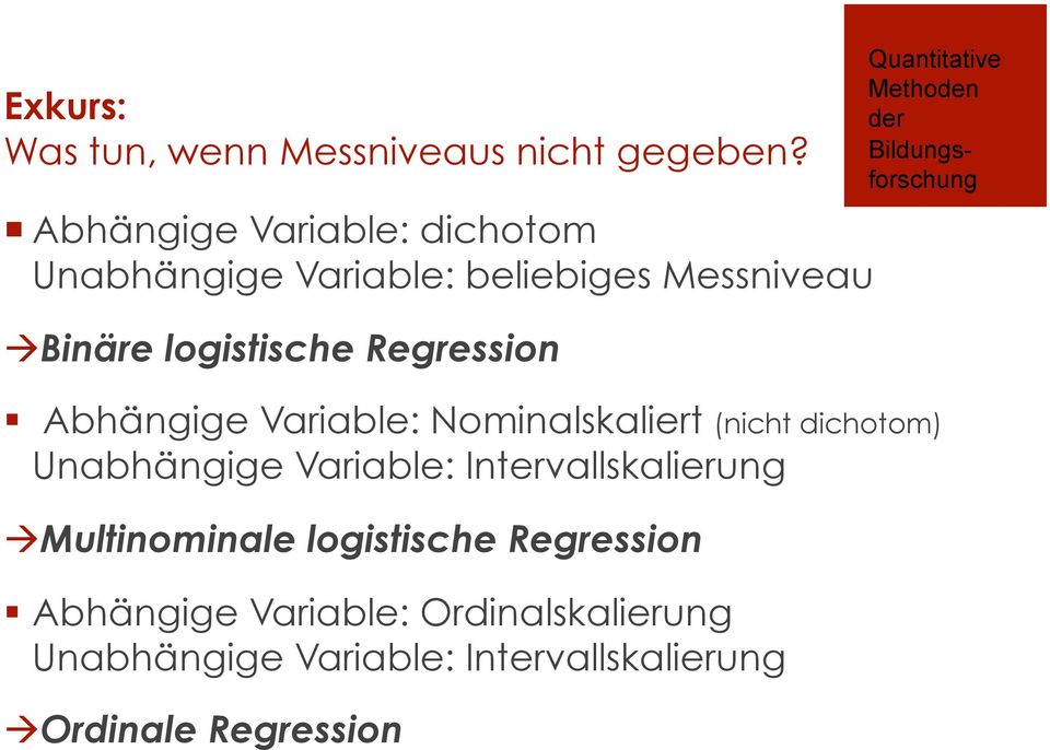 Regression Abhängige Variable: Nominalskaliert (nicht dichotom) Unabhängige Variable: