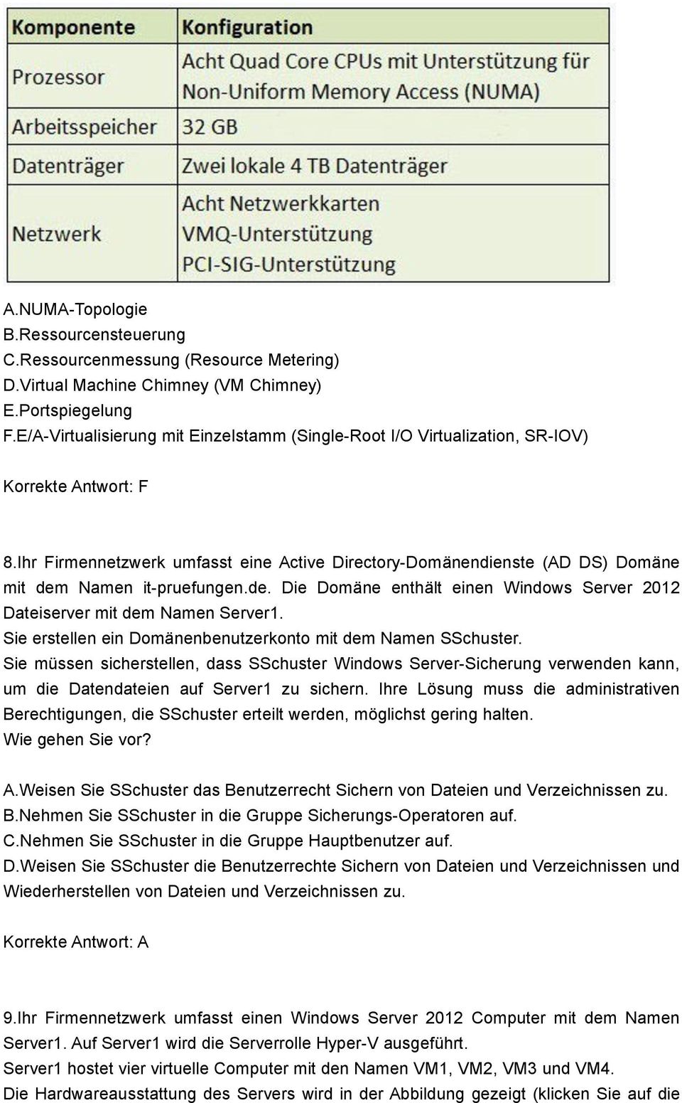 Ihr Firmennetzwerk umfasst eine Active Directory-Domänendienste (AD DS) Domäne mit dem Namen it-pruefungen.de. Die Domäne enthält einen Windows Server 2012 Dateiserver mit dem Namen Server1.