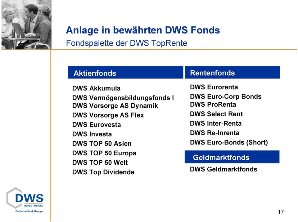 50 Asien DWS TOP 50 Europa DWS TOP 50 Welt DWS Top Dividende Rentenfonds DWS Eurorenta DWS Euro-Corp