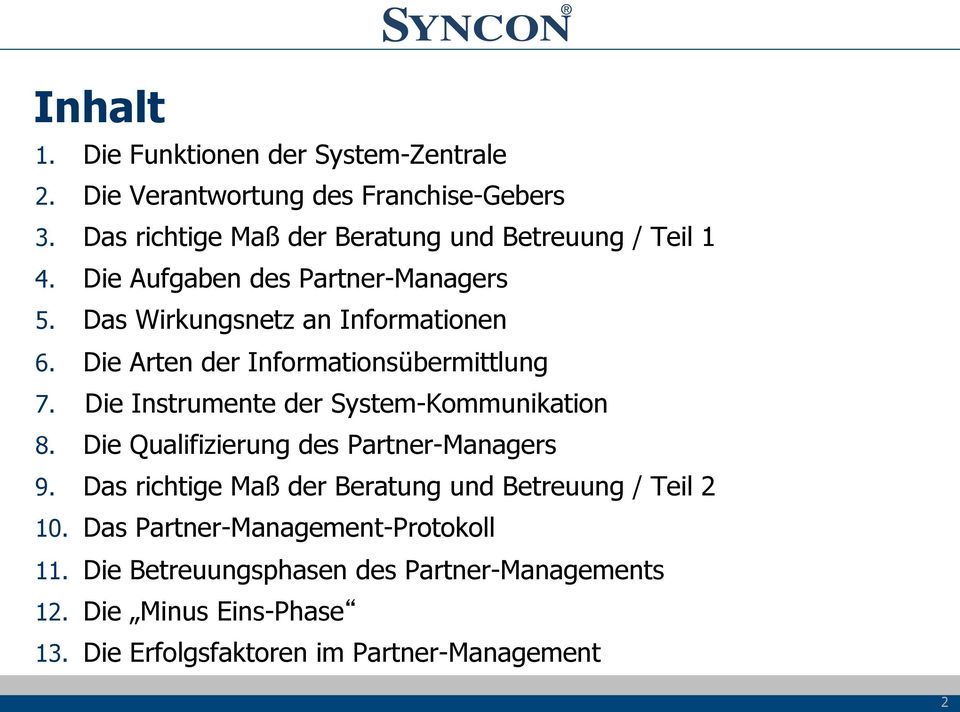 Die Arten der Informationsübermittlung 7. Die Instrumente der System-Kommunikation 8. Die Qualifizierung des Partner-Managers 9.