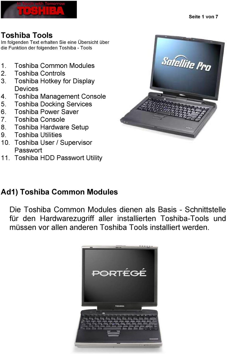 Toshiba Hardware Setup 9. Toshiba Utilities 10. Toshiba User / Supervisor Passwort 11.