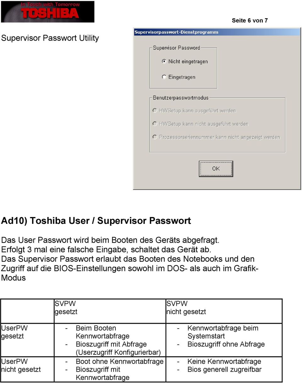 Das Supervisor Passwort erlaubt das Booten des Notebooks und den Zugriff auf die BIOS-Einstellungen sowohl im DOS- als auch im Grafik- Modus UserPW gesetzt UserPW