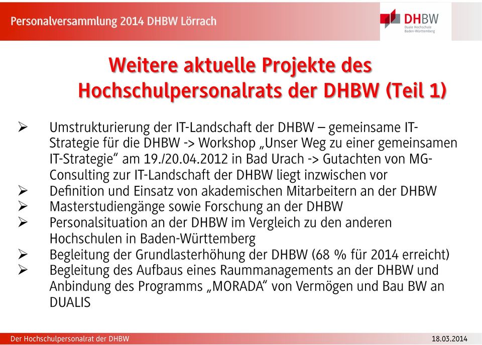 2012 in Bad Urach -> Gutachten von MG- Consulting zur IT-Landschaft der DHBW liegt inzwischen vor Definition und Einsatz von akademischen Mitarbeitern an der DHBW