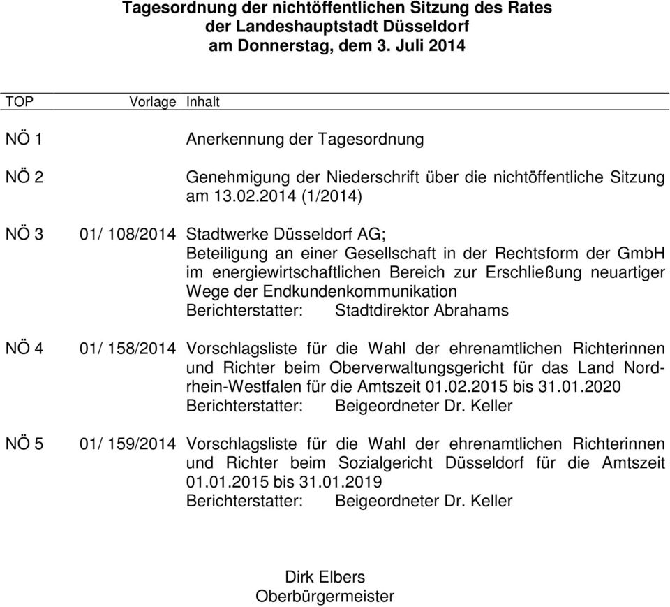 2014 (1/2014) 01/ 108/2014 Stadtwerke Düsseldorf AG; Beteiligung an einer Gesellschaft in der Rechtsform der GmbH im energiewirtschaftlichen Bereich zur Erschließung neuartiger Wege der