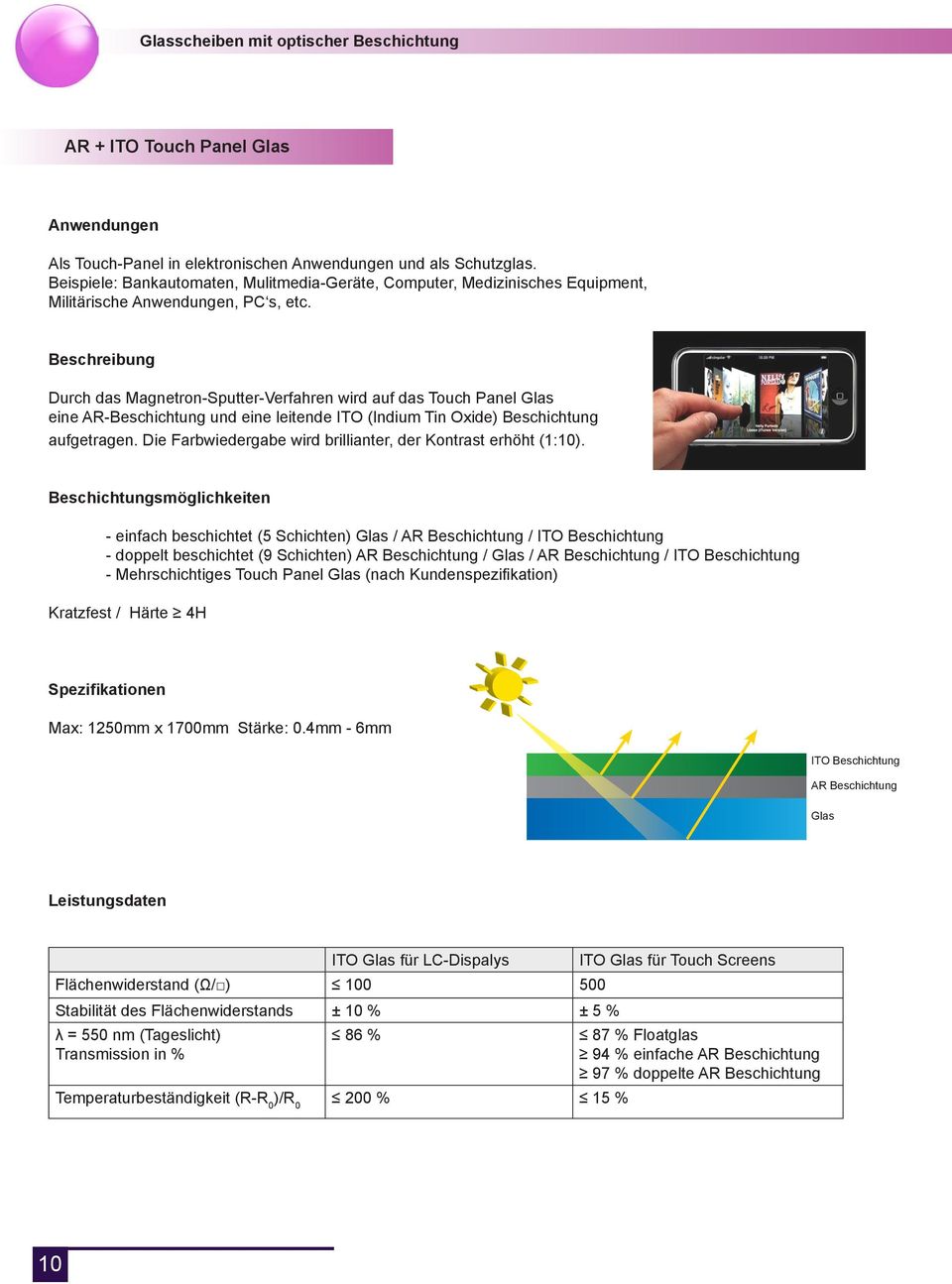 Durch das Magnetron-Sputter-Verfahren wird auf das Touch Panel Glas eine AR-Beschichtung und eine leitende ITO (Indium Tin Oxide) Beschichtung aufgetragen.