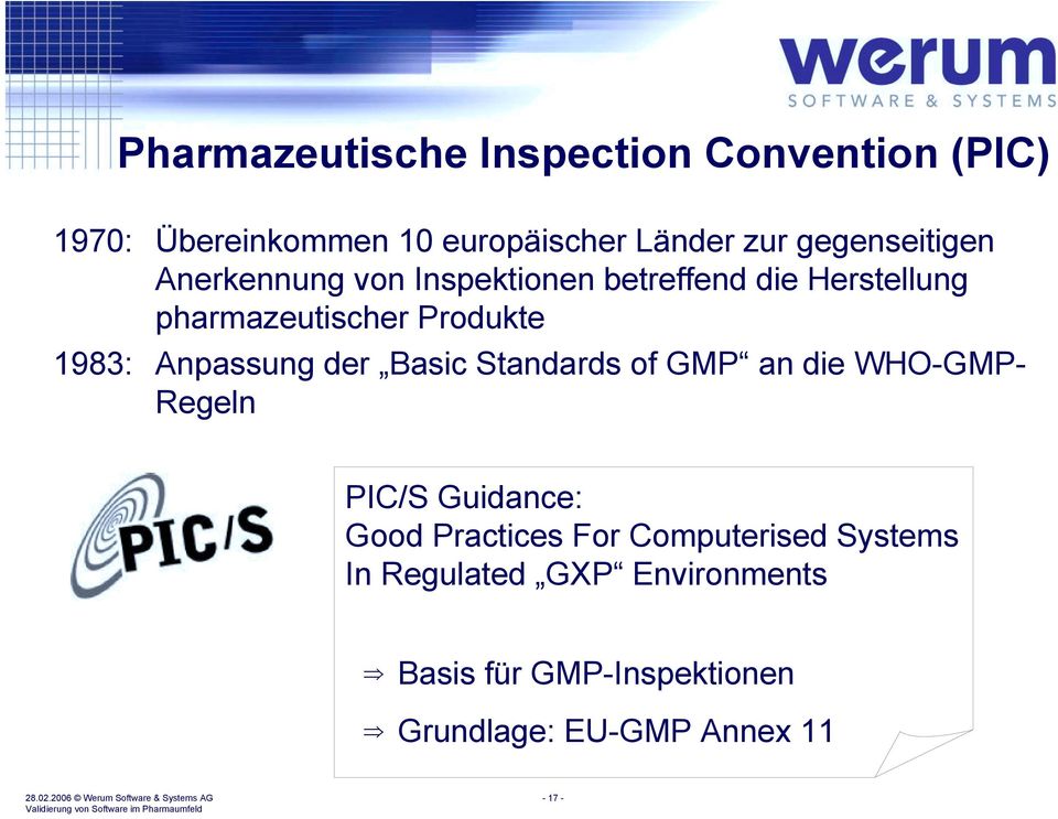 1983: Anpassung der Basic Standards of GMP an die WHO-GMP- Regeln PIC/S Guidance: Good Practices