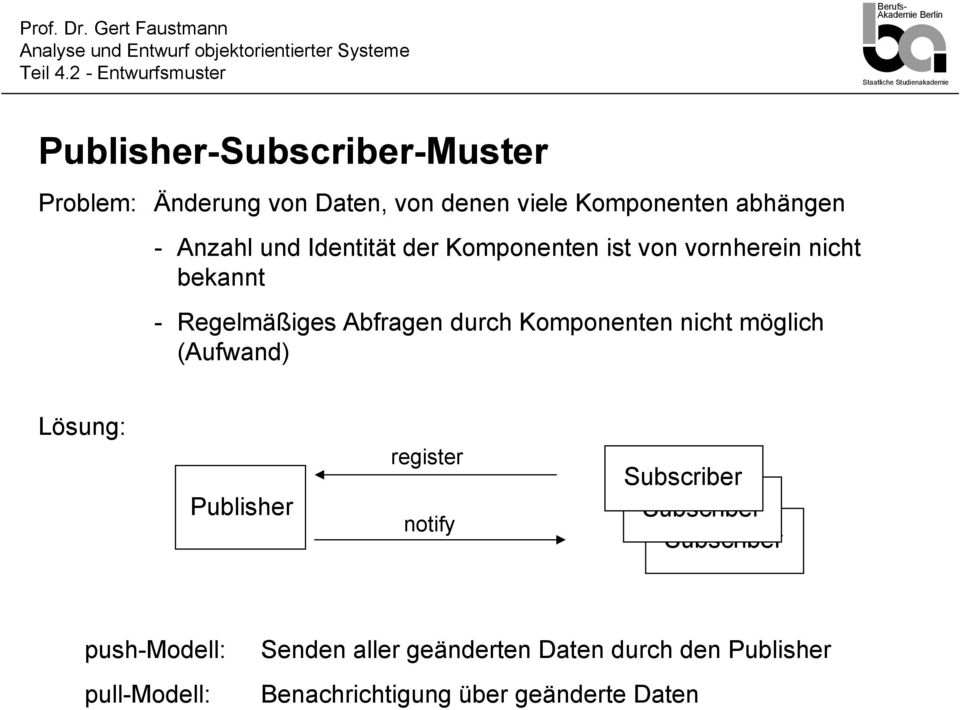 Komponenten nicht möglich (Aufwand) Lösung: Publisher register notify Subscriber Subscriber Subscriber