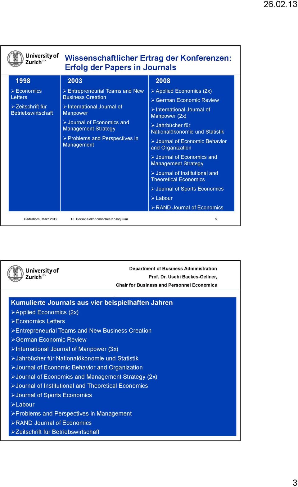 Review Ø International Journal of Manpower (2x) Ø Jahrbücher für Nationalökonomie und Statistik Ø Journal of Economic Behavior and Organization Ø Journal of Economics and Management Strategy Ø
