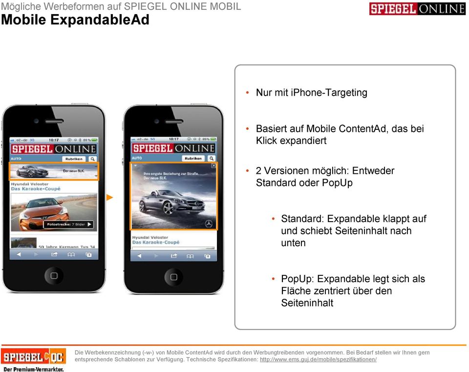 Expandable legt sich als Fläche zentriert über den Seiteninhalt Die Werbekennzeichnung (-w-) von Mobile ContentAd wird durch den
