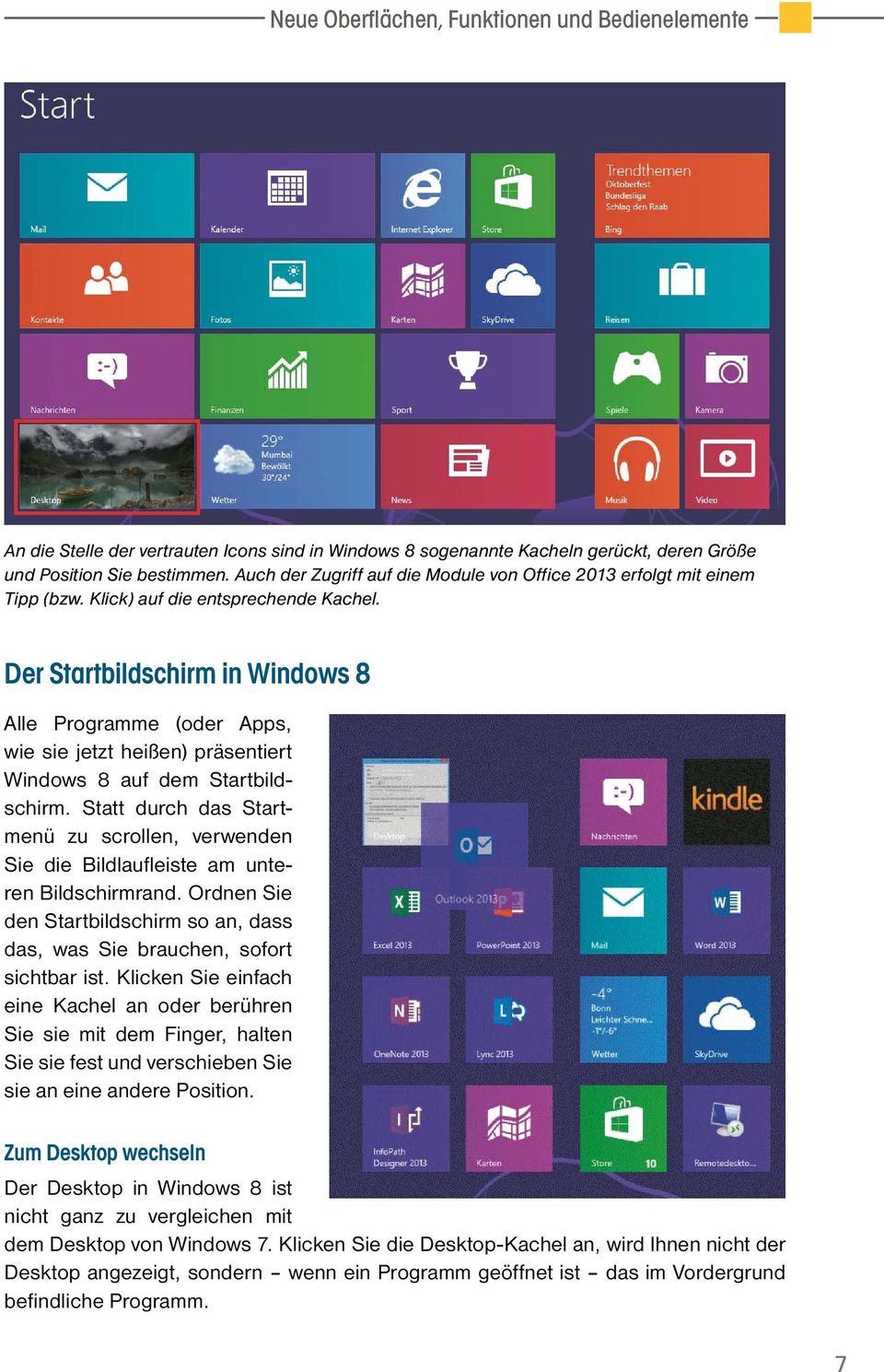 Der Startbildschirm in Windows 8 Alle Programme (oder Apps, wie sie jetzt heißen) präsentiert Windows 8 auf dem Startbildschirm.