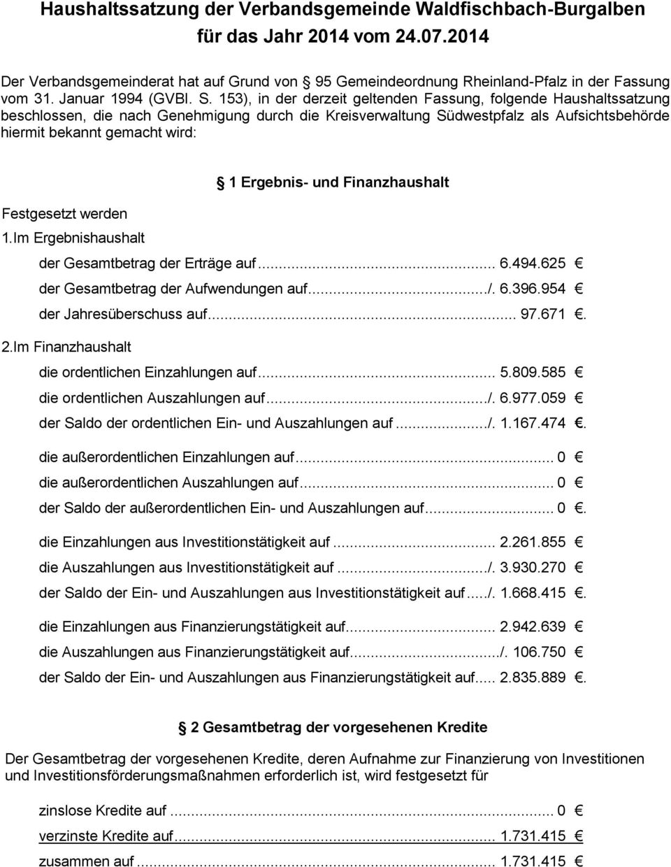 153), in der derzeit geltenden Fassung, folgende Haushaltssatzung beschlossen, die nach Genehmigung durch die Kreisverwaltung Südwestpfalz als Aufsichtsbehörde hiermit bekannt gemacht wird: 1