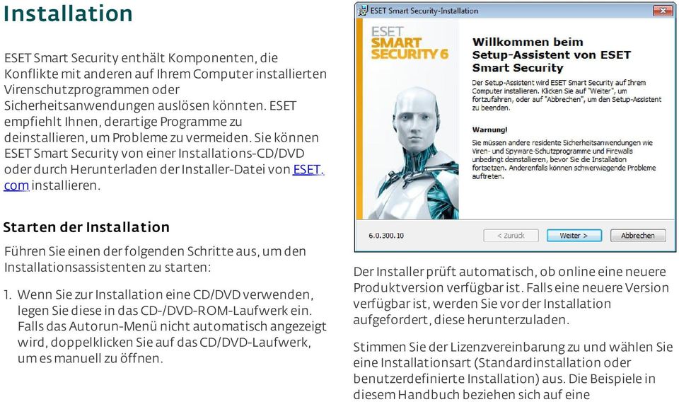 Sie können ESET Smart Security von einer Installations-CD/DVD oder durch Herunterladen der Installer-Datei von ESET. com installieren.