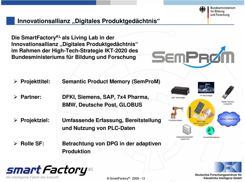 Semantic Product Memory (SemProM) Partner: DFKI, Siemens, SAP, 7x4 Pharma, BMW, Deutsche Post, GLOBUS Projektziel: Umfassende