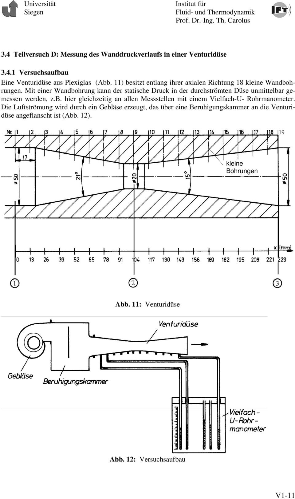 Mit einer Wandbohrung kann der statische Druck in der durchströmten Düse unmittelbar gemessen werden, z.b. hier gleichzeitig an allen Messstellen mit einem Vielfach-U- Rohrmanometer.