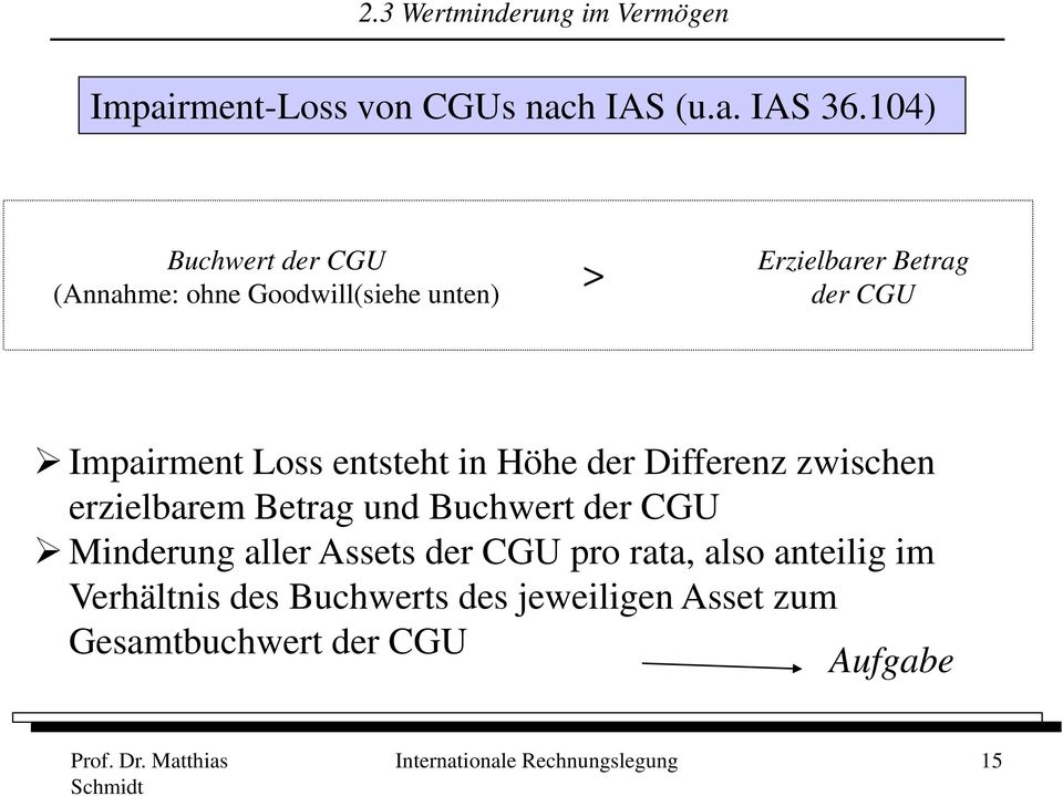 entsteht in Höhe der Differenz zwischen erzielbarem ilb Betrag Bt und dbuchwert tder CGU Minderung aller