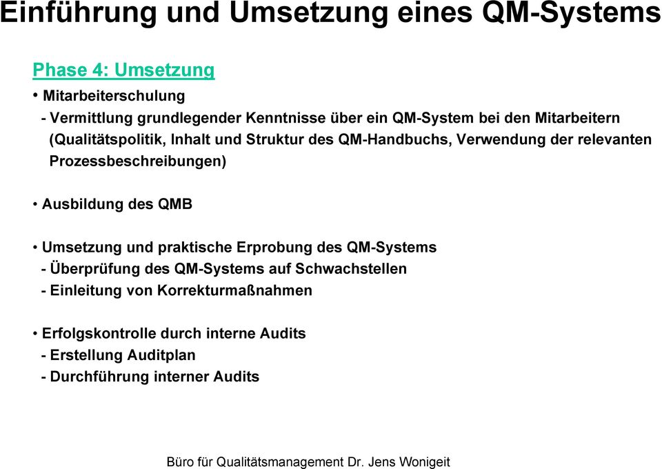 Prozessbeschreibungen) Ausbildung des QMB Umsetzung und praktische Erprobung des QM-Systems - Überprüfung des QM-Systems auf