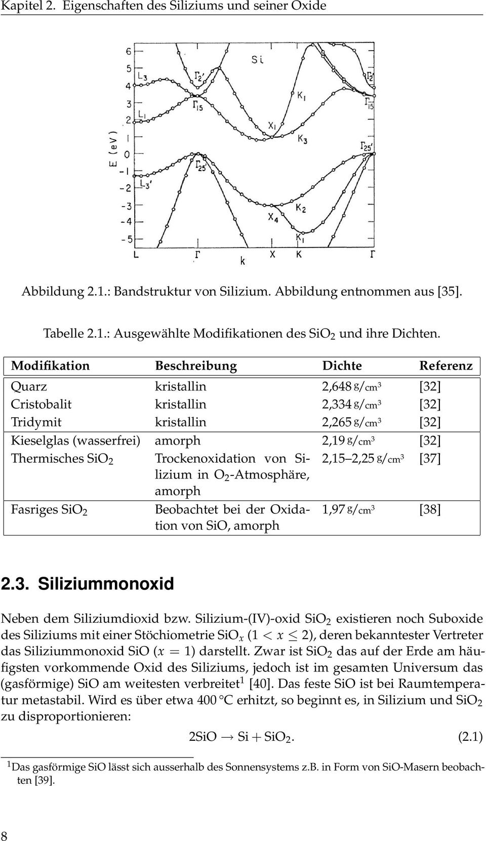 /cm 3 [32] Thermisches SiO 2 Trockenoxidation von Silizium 2,15 2,25 g /cm 3 [37] in O 2 -Atmosphäre, amorph Fasriges SiO 2 Beobachtet bei der Oxidation von SiO, amorph 1,97 g /cm 3 [38] 2.3. Siliziummonoxid Neben dem Siliziumdioxid bzw.