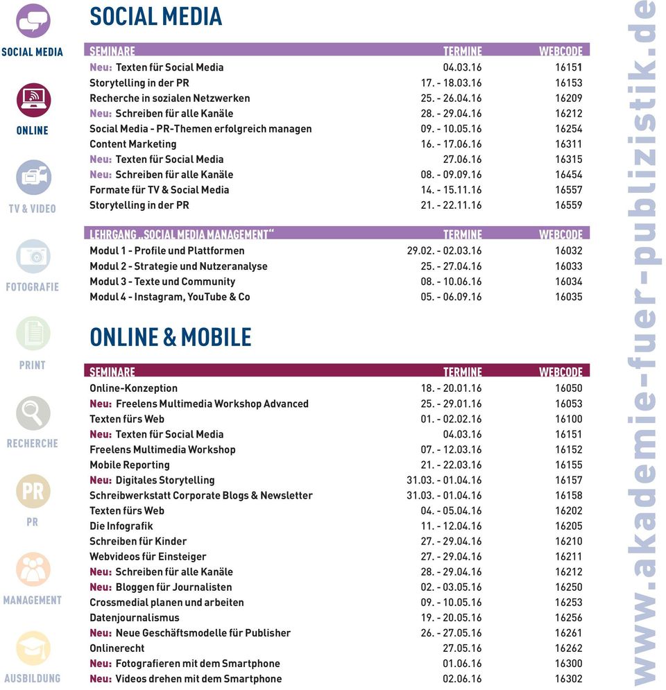 - 22.11.16 16559 LEHRGAnG SOCIAL MEDIA TERMInE WEBCODE Modul 1 - Profile und Plattformen 29.02. - 02.03.16 16032 Modul 2 - Strategie und Nutzeranalyse 25. - 27.04.
